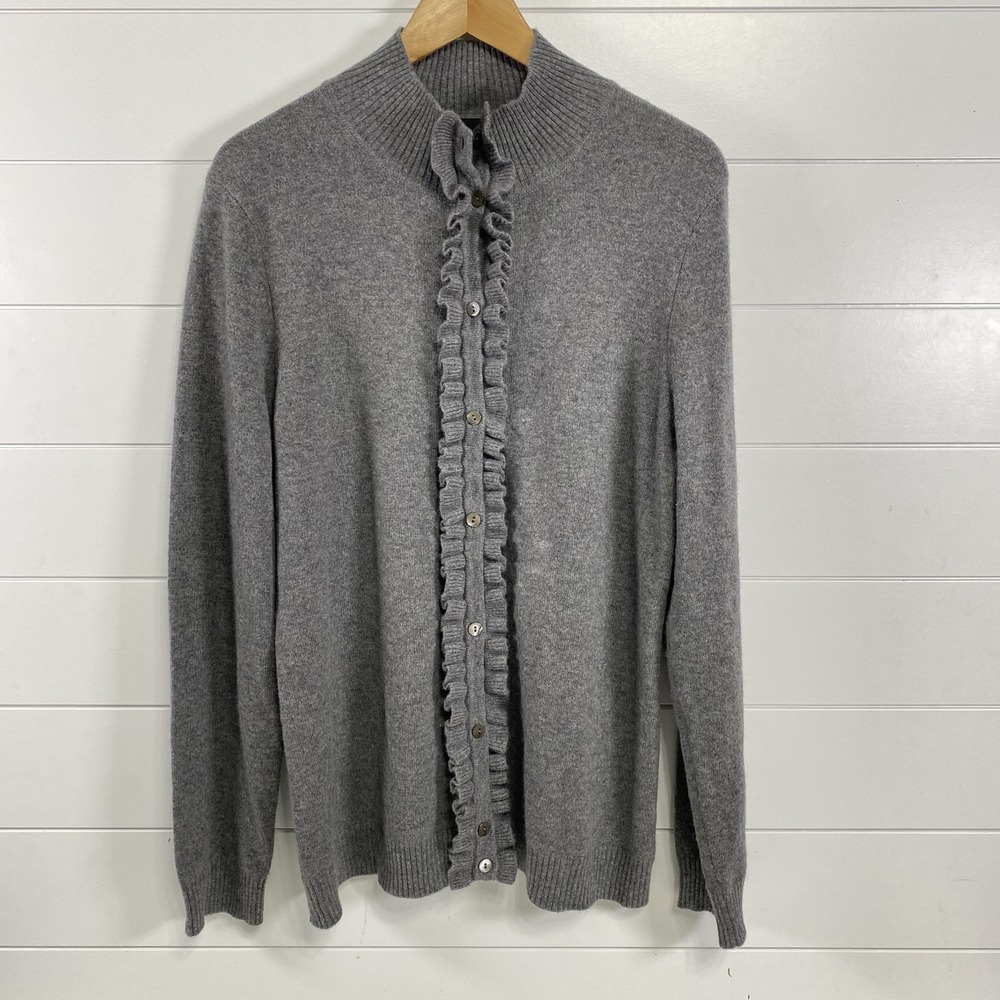 McDuff Sweater Womens XL Gray 100% Cashmere Ruffle Button Cardigan Pullover Soft